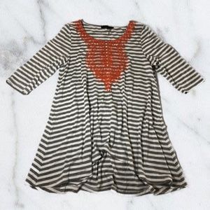 THML Grey White & Orange Striped Embroidered Top